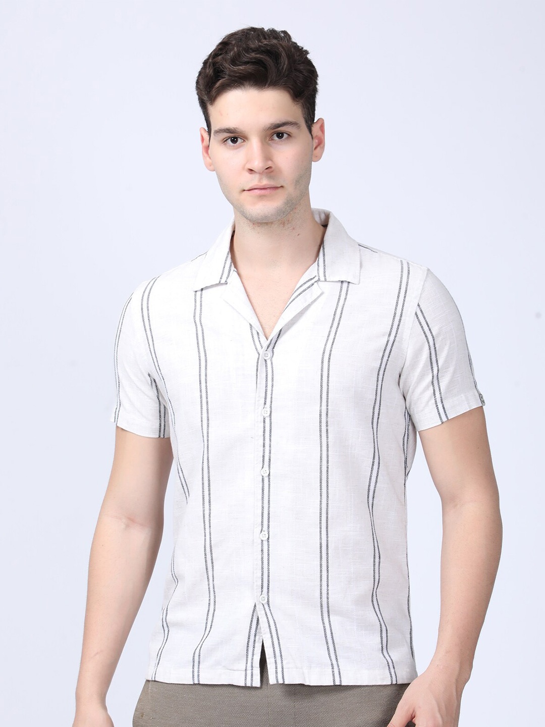 

POE Smart Slim Fit Opaque Striped Cotton Linen Casual Shirt, Black