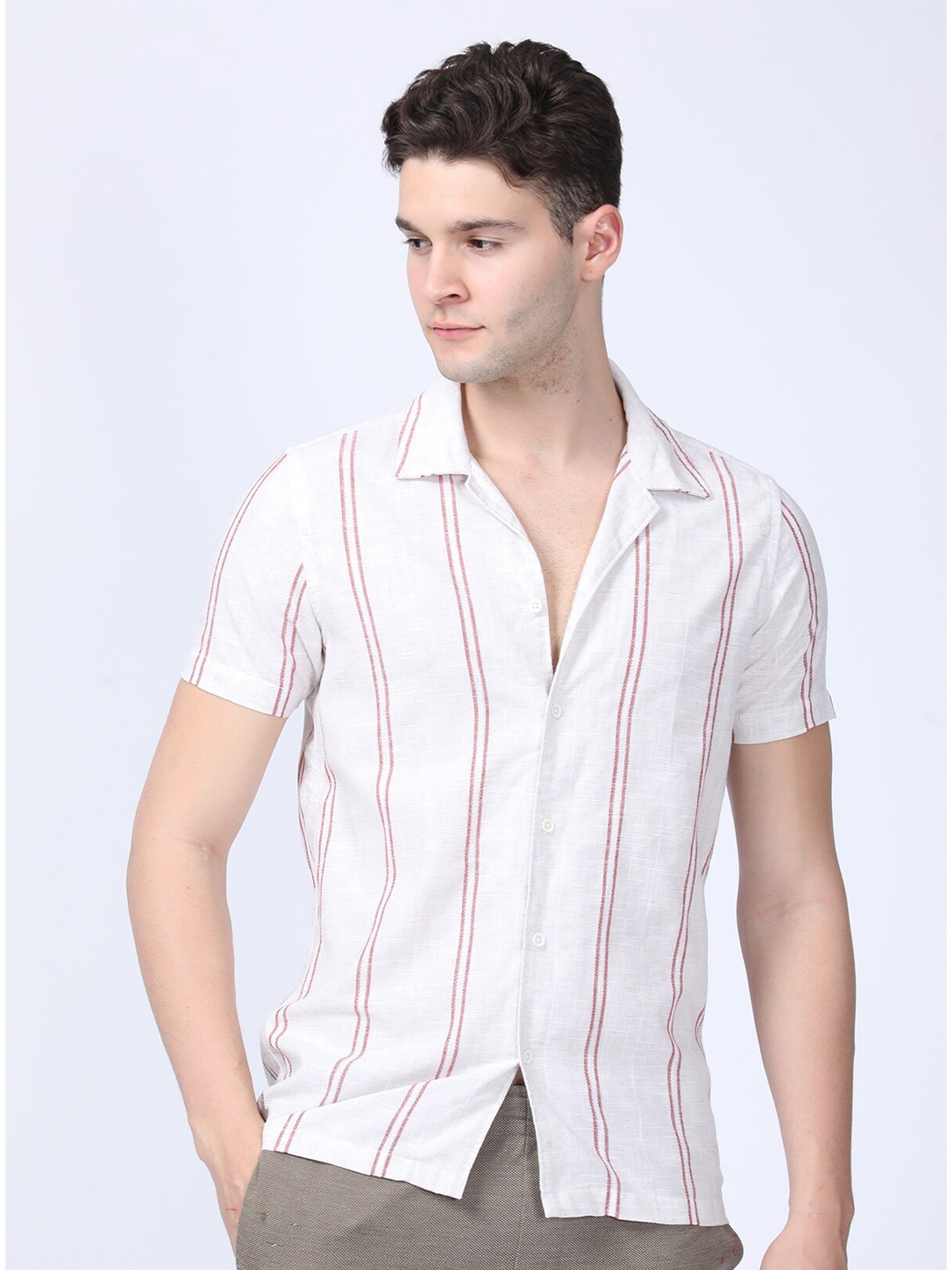 

POE Smart Slim Fit Opaque Striped Casual Shirt, Red