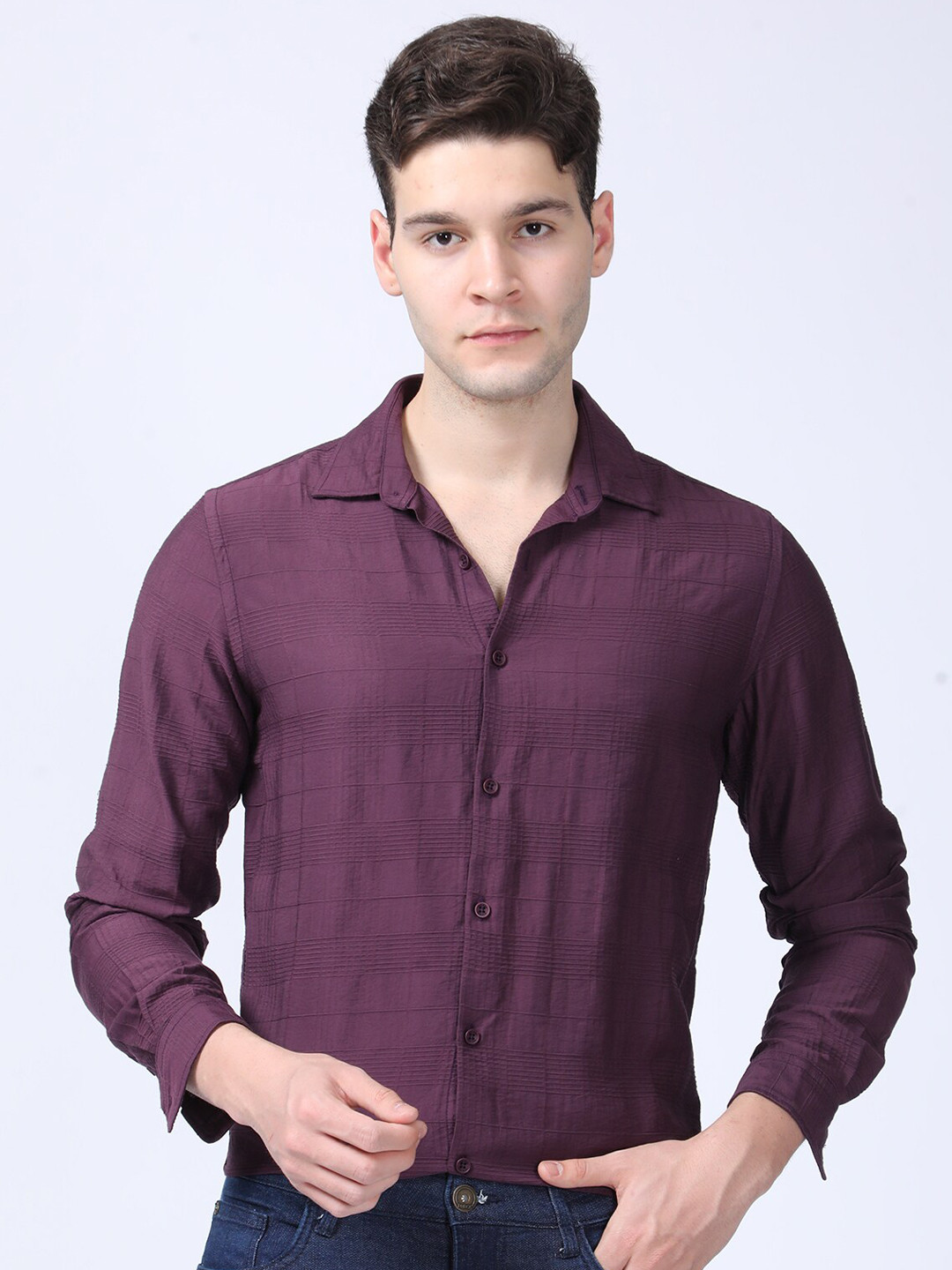 

POE Men Smart Slim Fit Opaque Casual Shirt, Burgundy