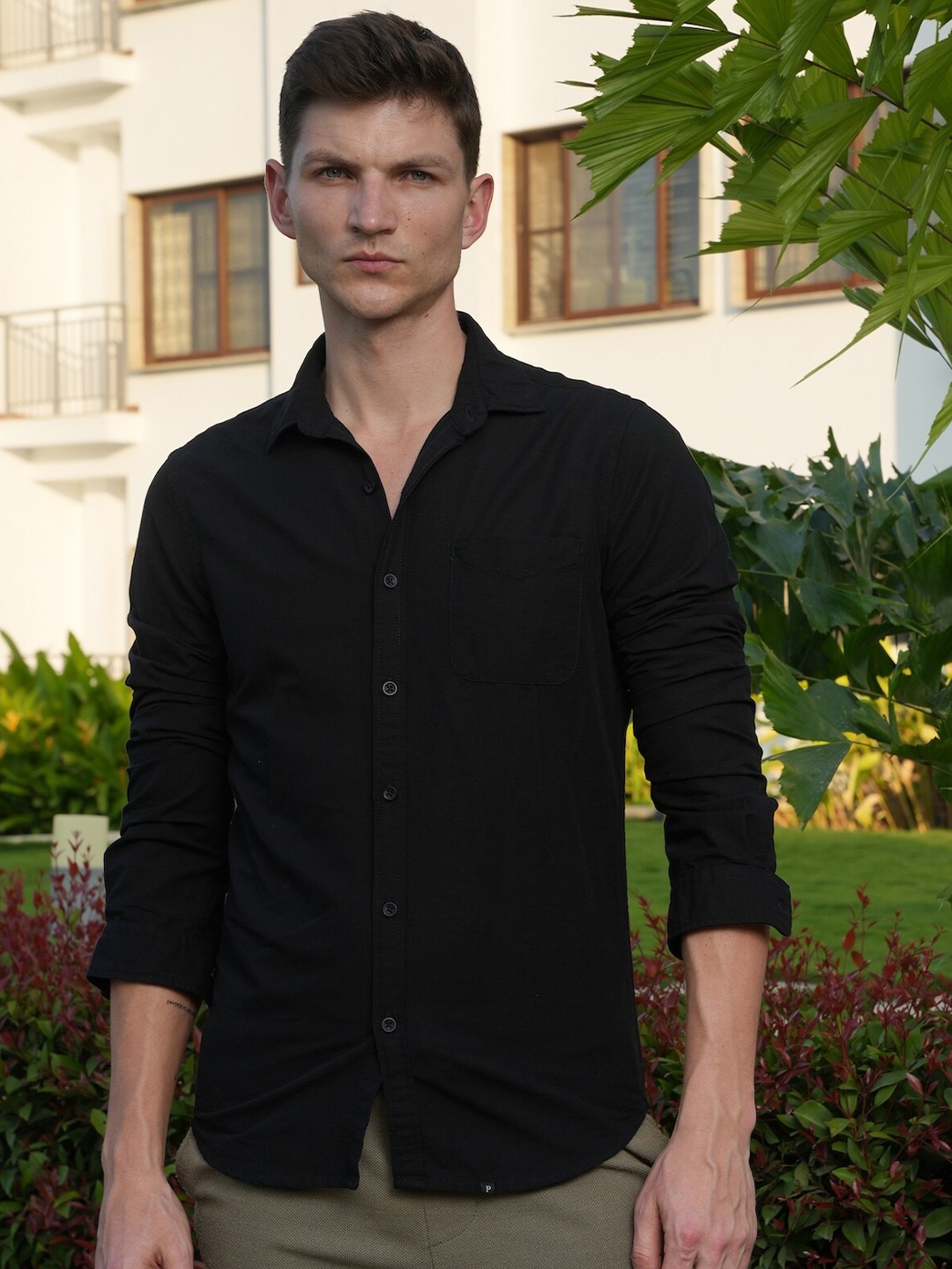 

POE Smart Slim Fit Opaque Cotton Linen Casual Shirt, Black