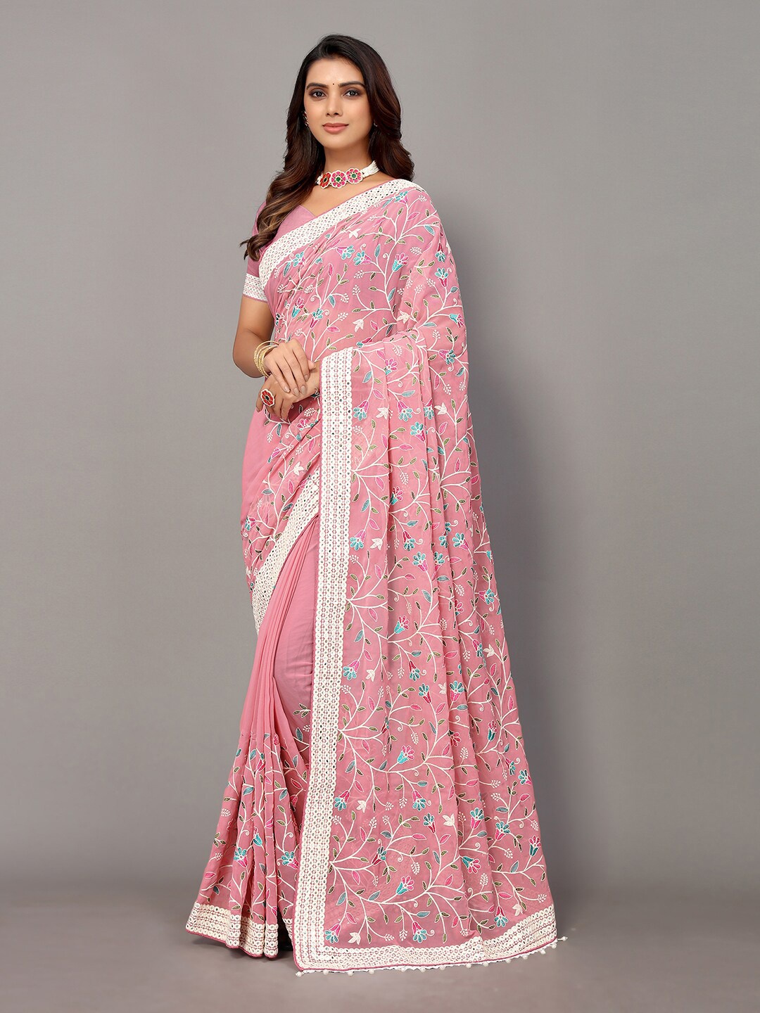

Sunasi Floral Mirror Work Pure Georgette Saree, Pink