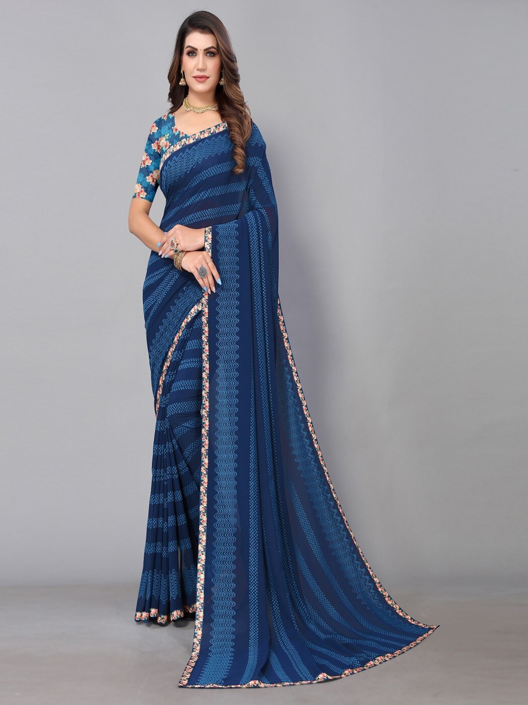 

Sunasi Embroidered Pure Georgette Saree, Navy blue