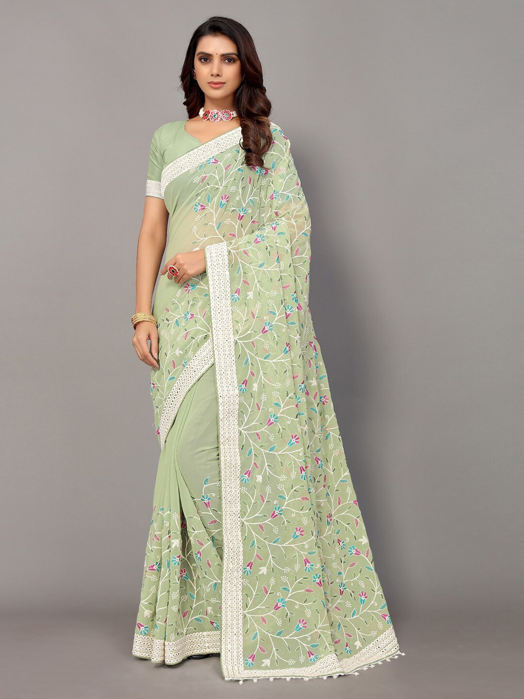 

Sunasi Floral Mirror Work Pure Georgette Saree, Green