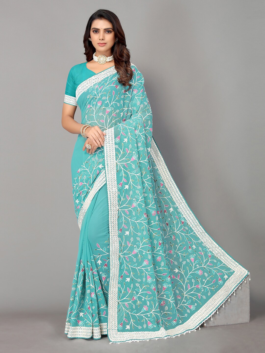 

Sunasi Floral Mirror Work Pure Georgette Saree, Turquoise blue