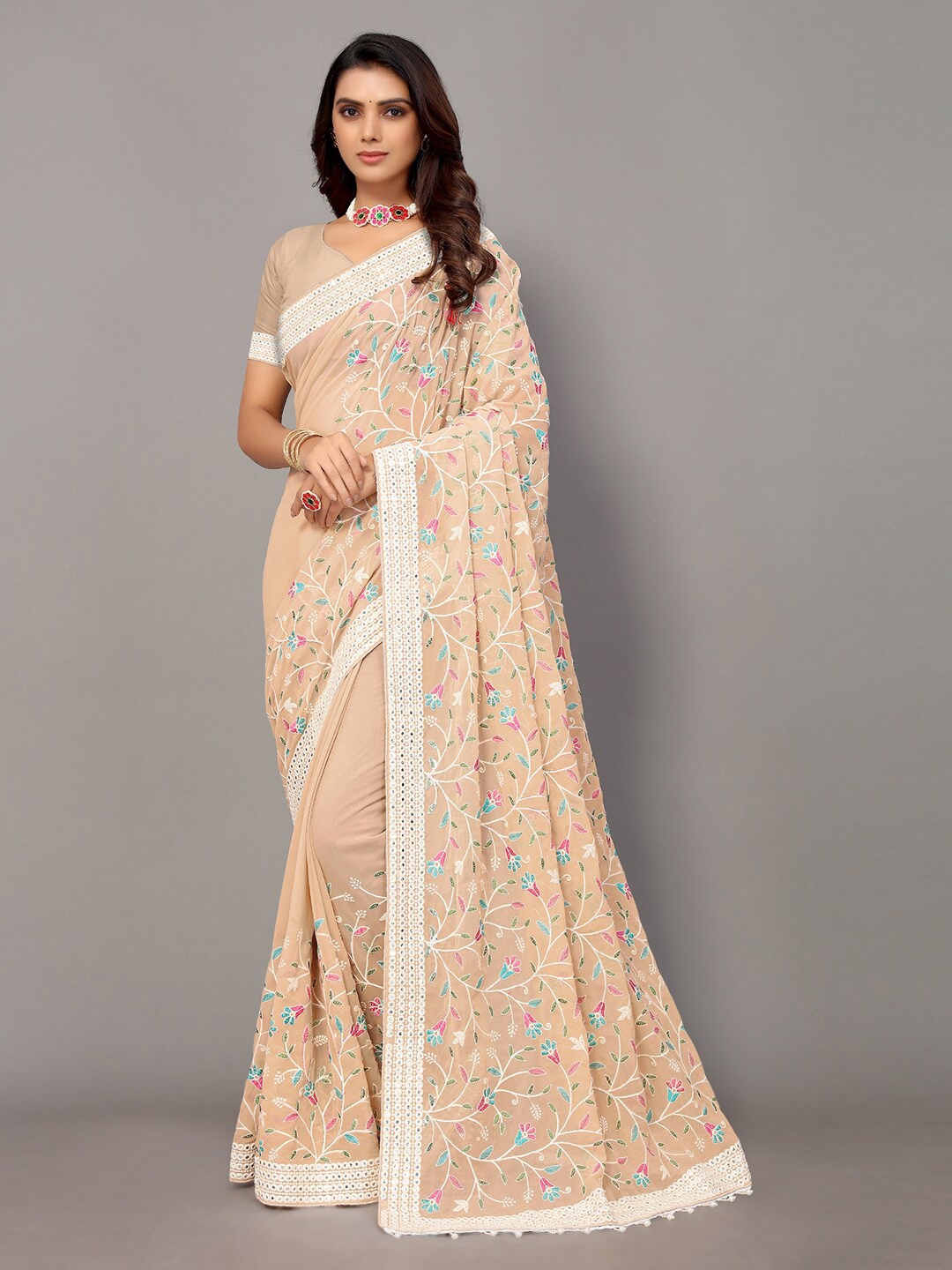 

Sunasi Floral Mirror Work Pure Georgette Saree, Cream