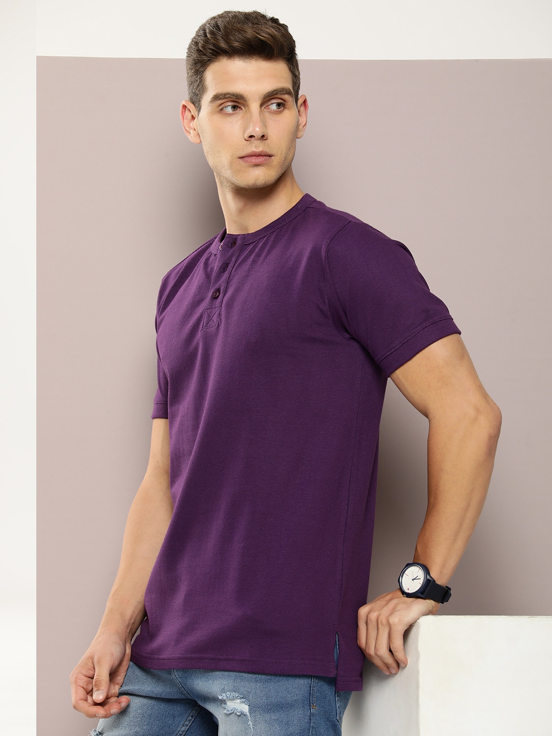 

DILLINGER Men Henley Neck Honeycomb Structure T-shirt, Purple