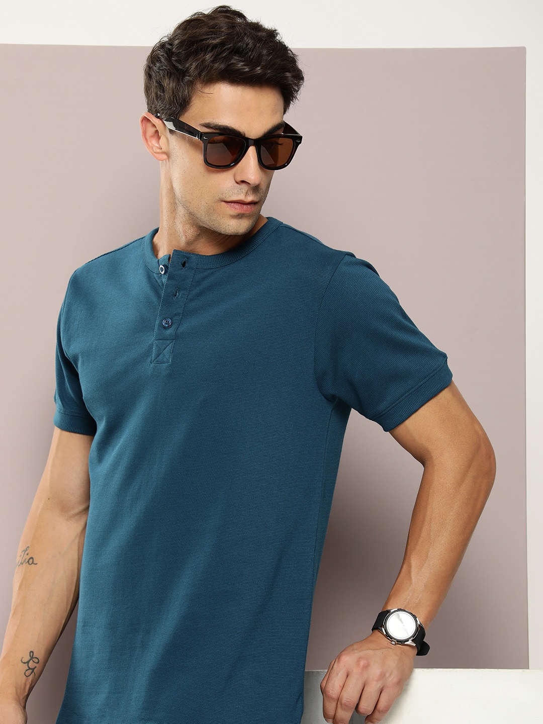 

DILLINGER Men Henley Neck Honeycomb Structure T-shirt, Blue