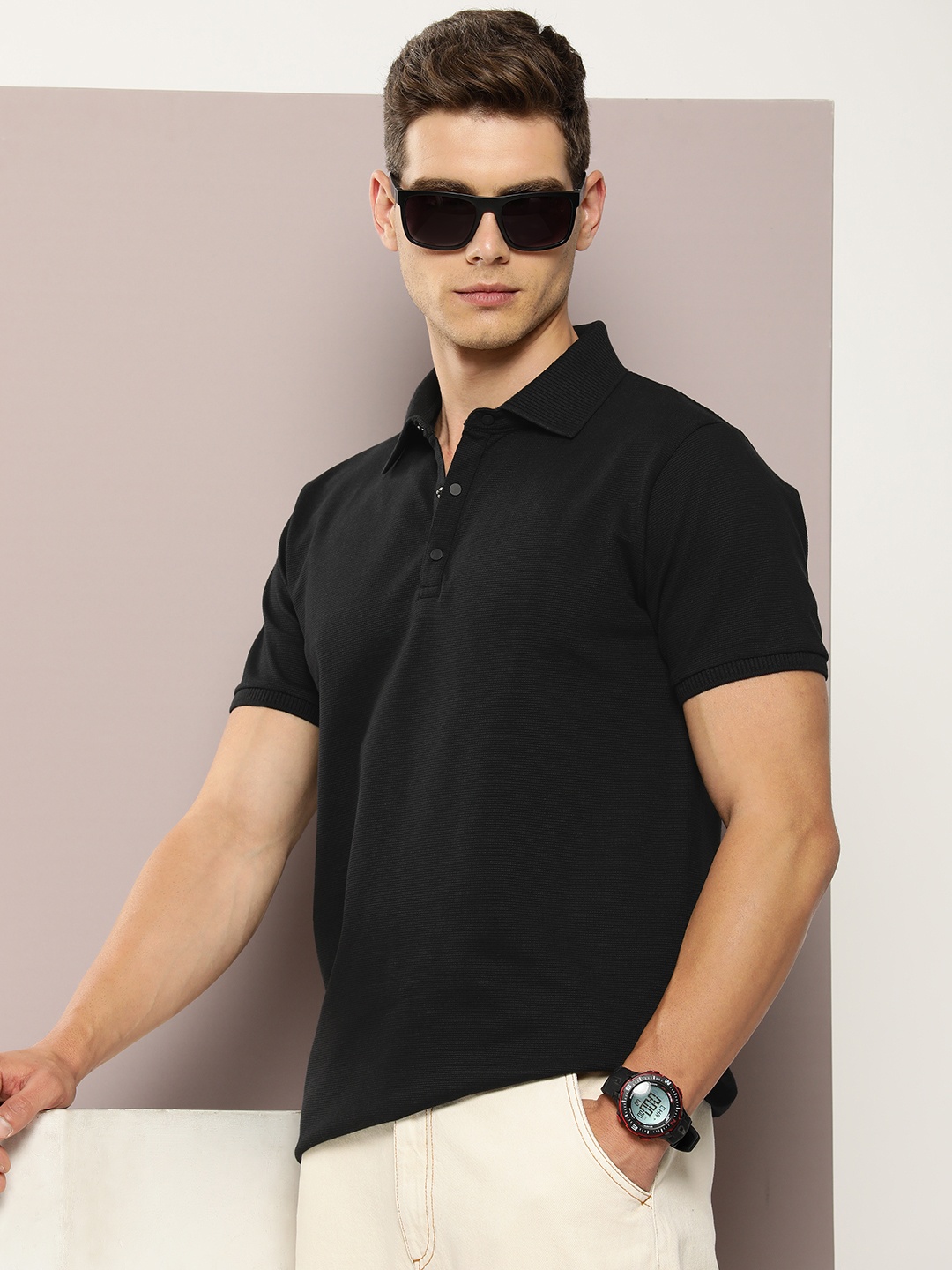 

DILLINGER Men Polo Collar Honeycomb Structure T-shirt, Black