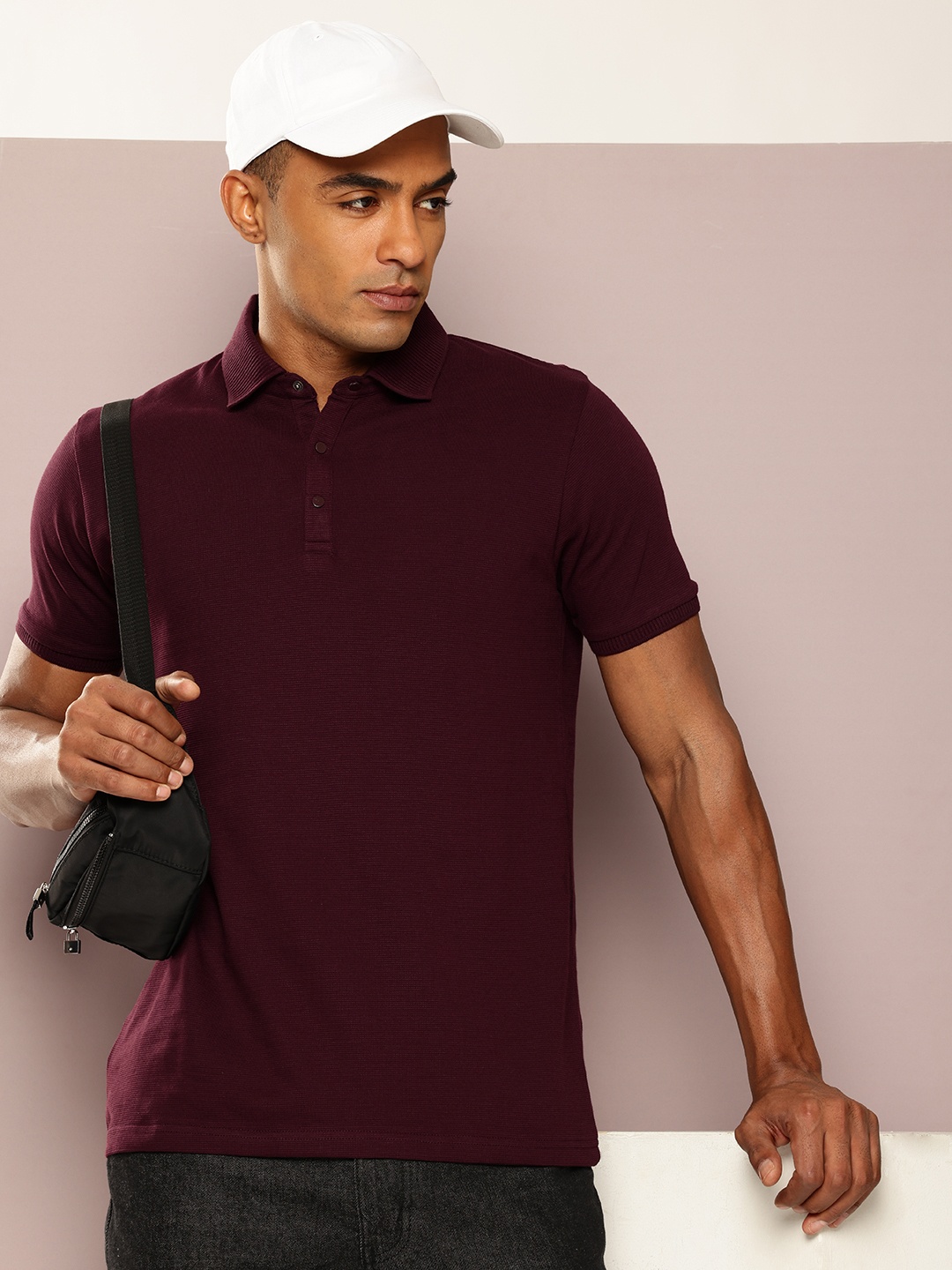 

DILLINGER Men Polo Collar Honeycomb Structure T-shirt, Burgundy