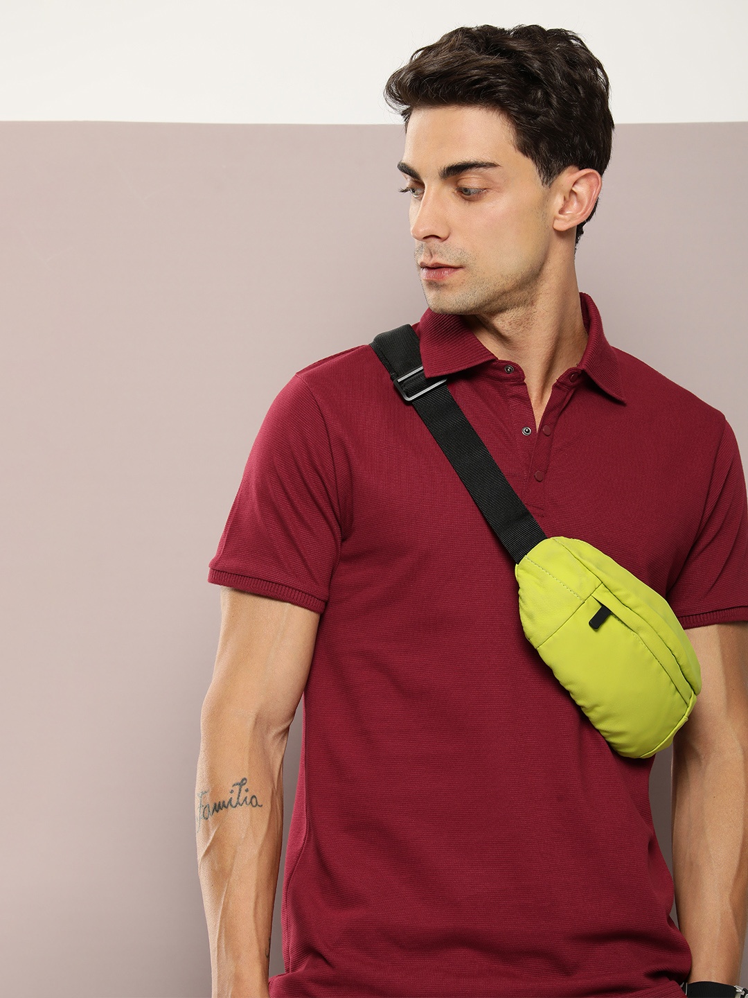 

DILLINGER Men Polo Collar Honeycomb Structure T-shirt, Maroon