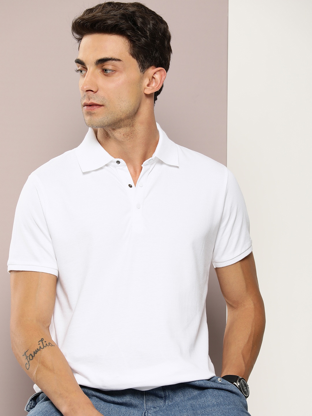 

DILLINGER Men Polo Collar Honeycomb Structure T-shirt, White