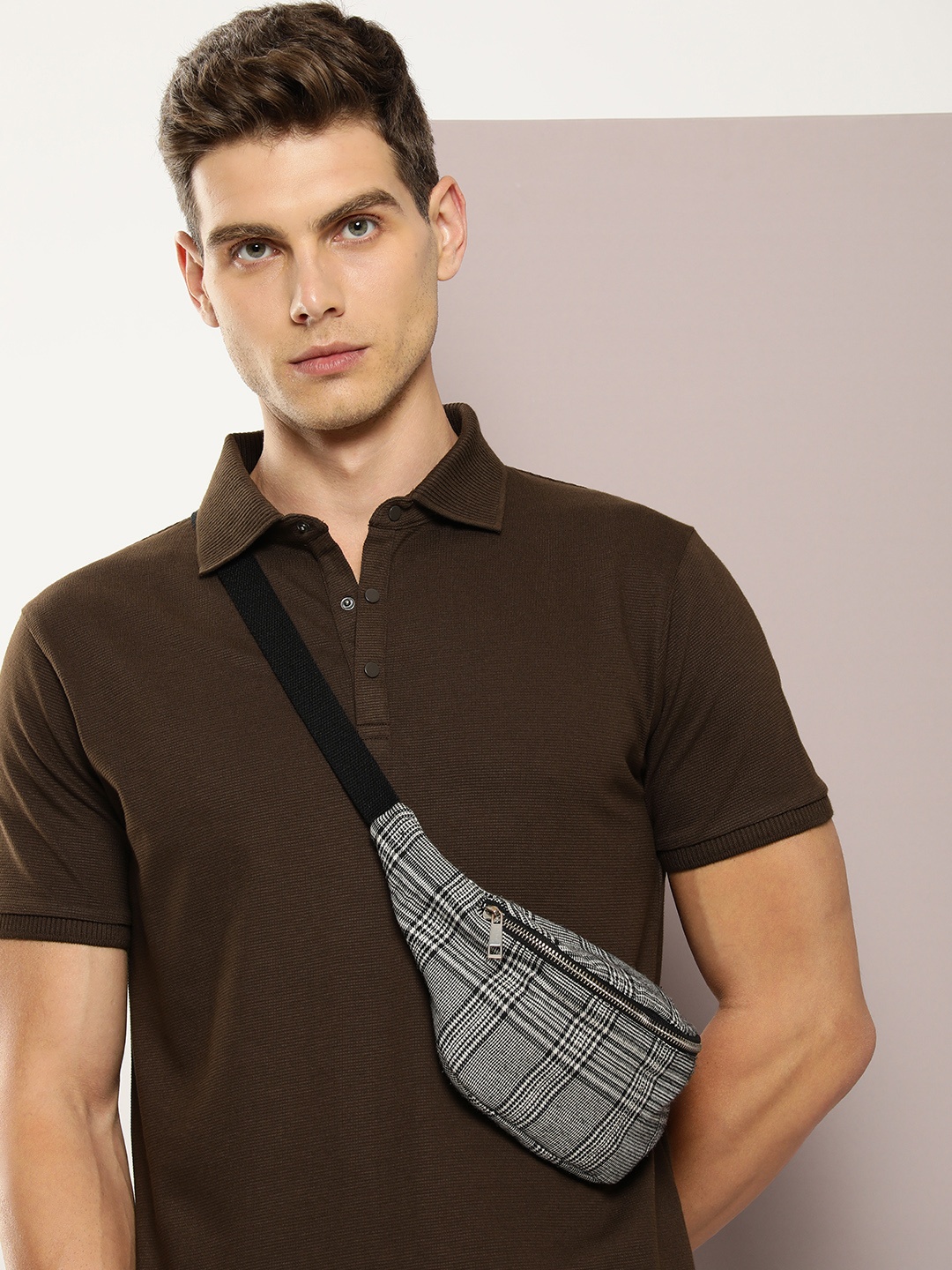 

DILLINGER Men Polo Collar Honeycomb Structure T-shirt, Brown