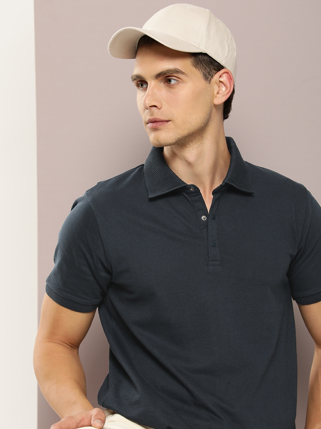 

DILLINGER Men Polo Collar Honeycomb Structure T-shirt, Navy blue