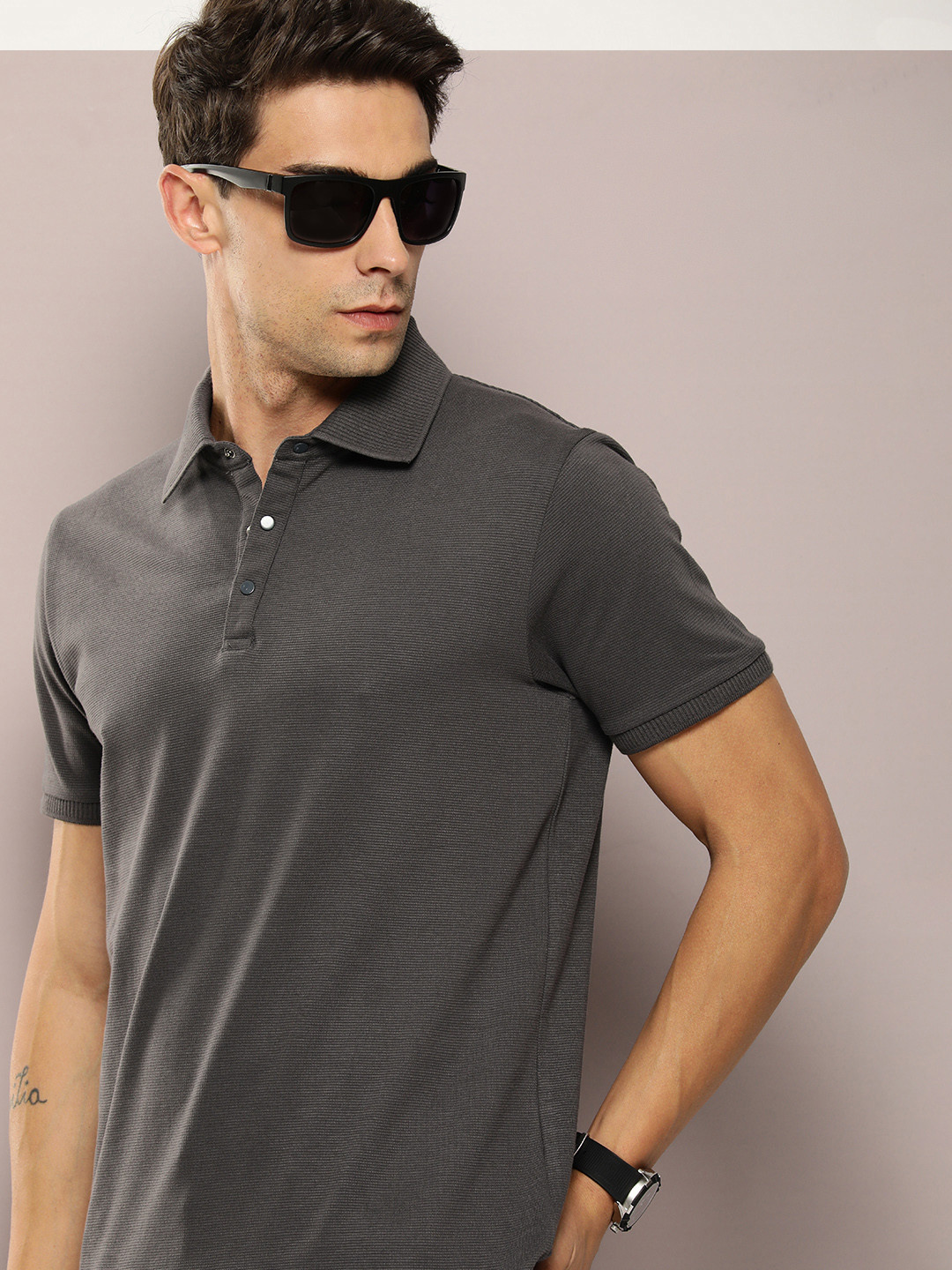 

DILLINGER Men Polo Collar Honeycomb Structure T-shirt, Grey