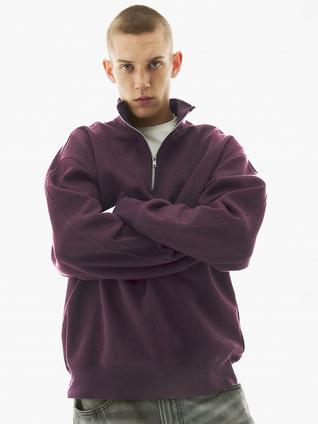 

MISCHIEF MONKEY Mock Collar Ribbed Half Zipper Cotton Fleece Pullover Sweatshirt, Purple