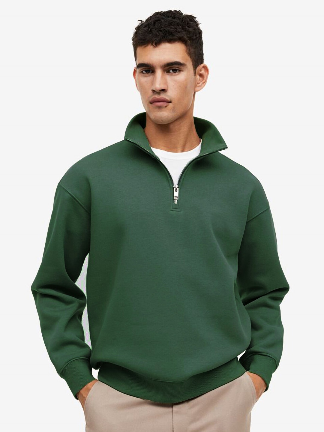 

MISCHIEF MONKEY Mock Collar Ribbed Half Zipper Cotton Fleece Pullover Sweatshirt, Green