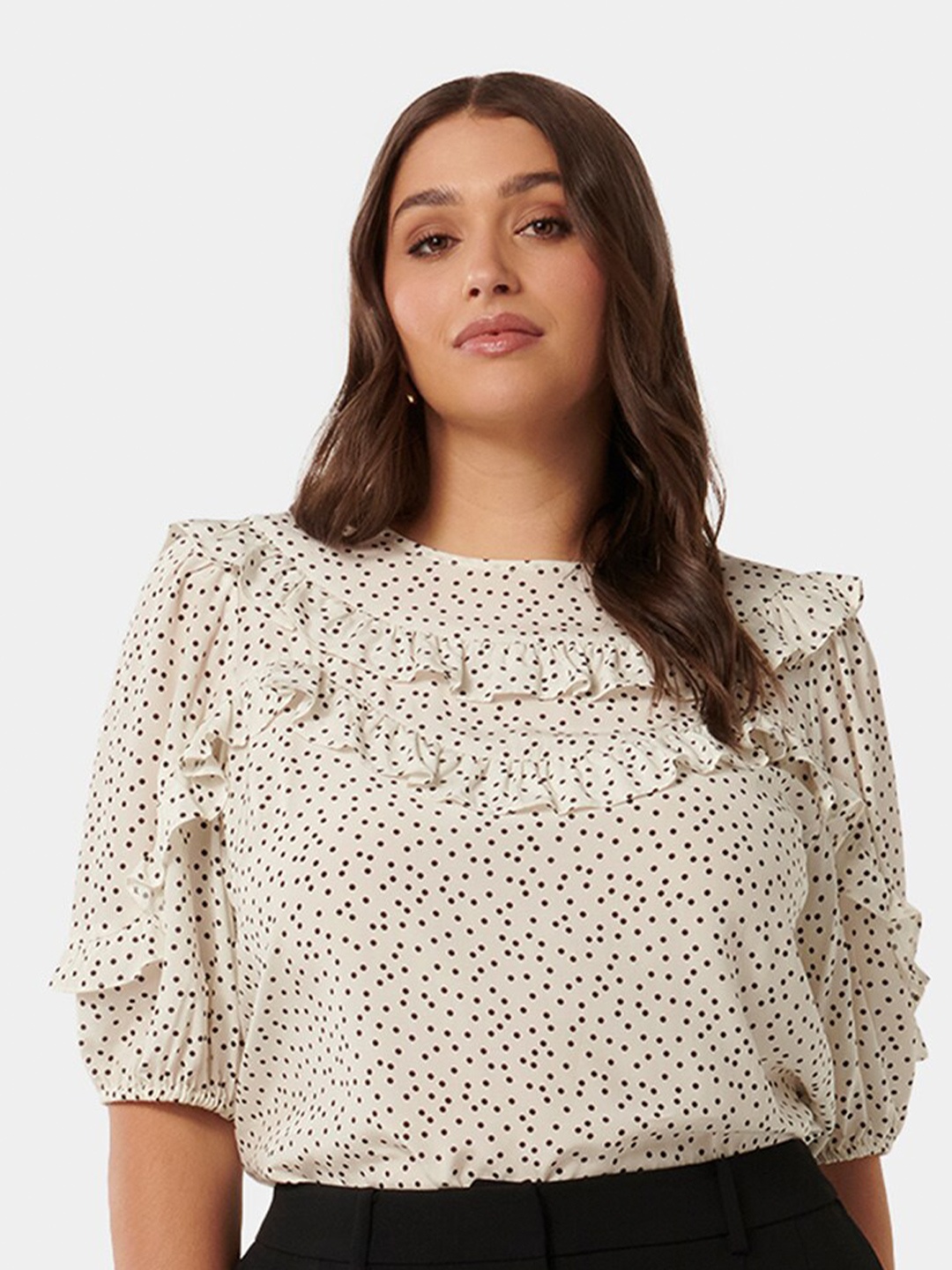 

Forever New Geometric Print Ruffles Puff Sleeves Top, White