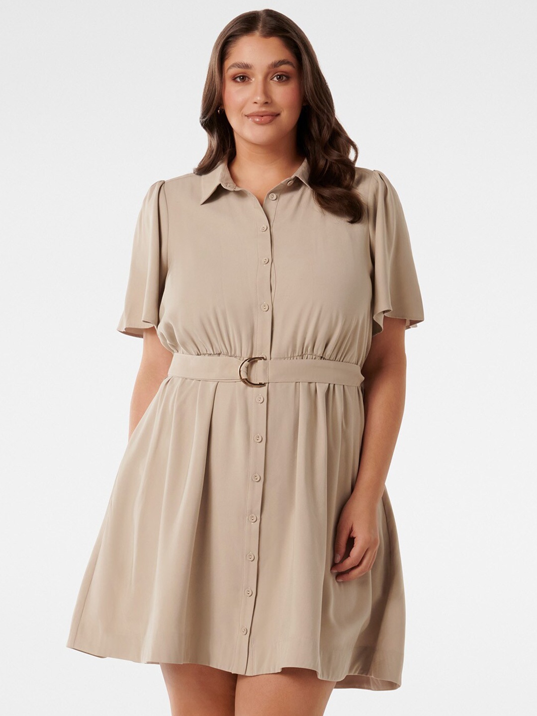 

Forever New Plus Size Belted Waist Mini Shirt Dress, Beige