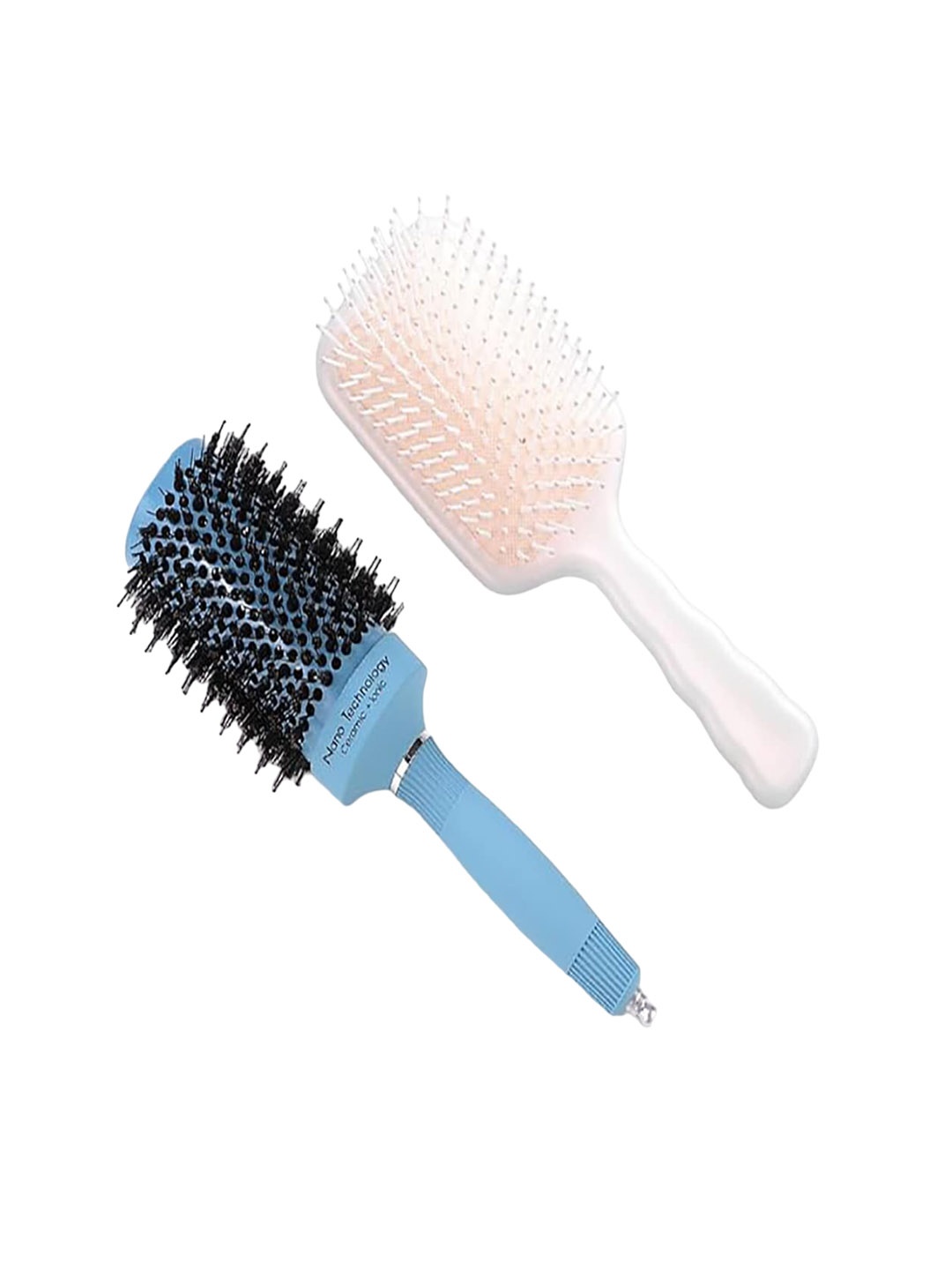 

Kuber Industries Set of Paddle Hair Brush & Round Hair Brush - Blue & White