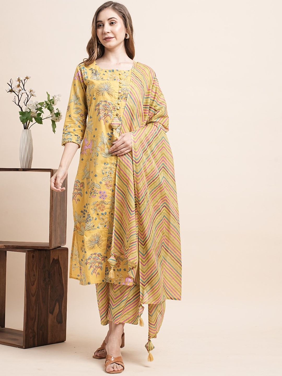 

KALINI Floral Printed Mirror Work Pure Cotton Straight Kurta With Palazzos & Dupatta, Mustard