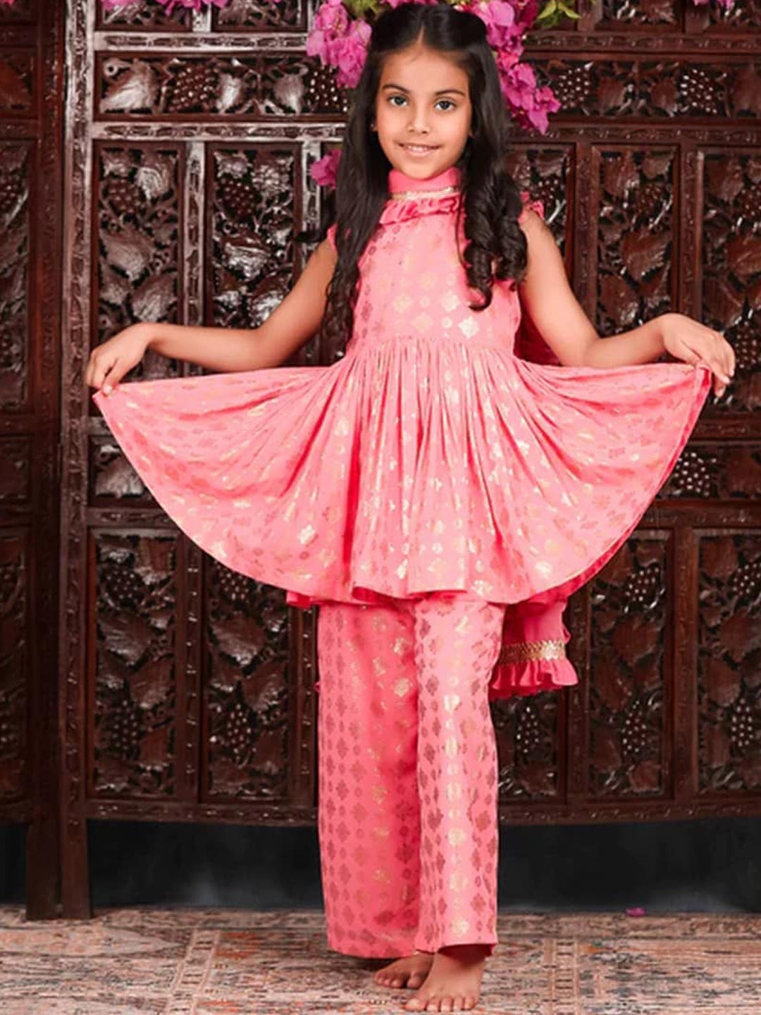 

THE PONY & PEONY CO. Girls Ethnic Motifs Printed Gotta Patti Kurti With Palazzos & Dupatta, Pink