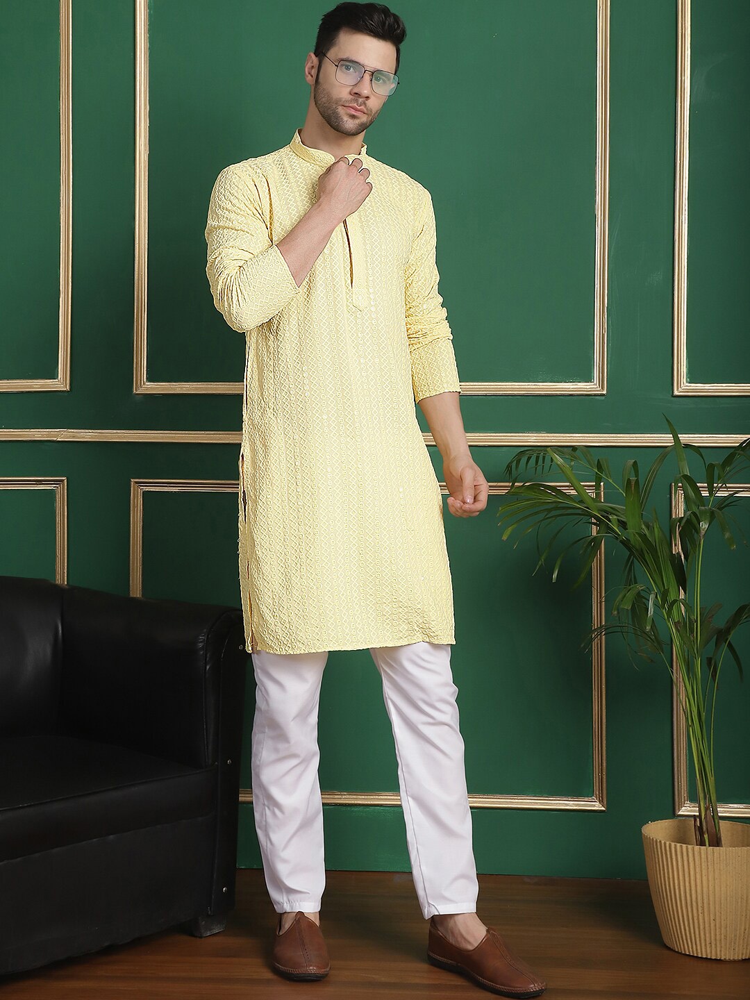 

Anouk Yellow Ethnic Motifs Embroidered Sequinned Straight Kurta with Pyjamas