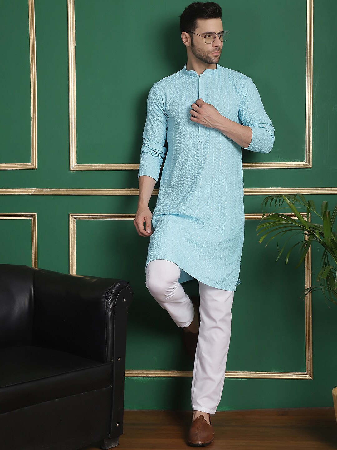 

Anouk Blue Ethnic Embroidered Straight Kurta with Pyjamas