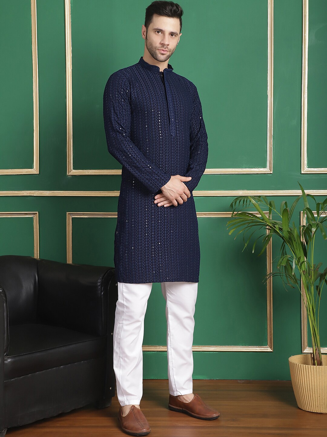 

Anouk Navy Blue Geometric Embroidered Sequinned Kurta with Pyjamas