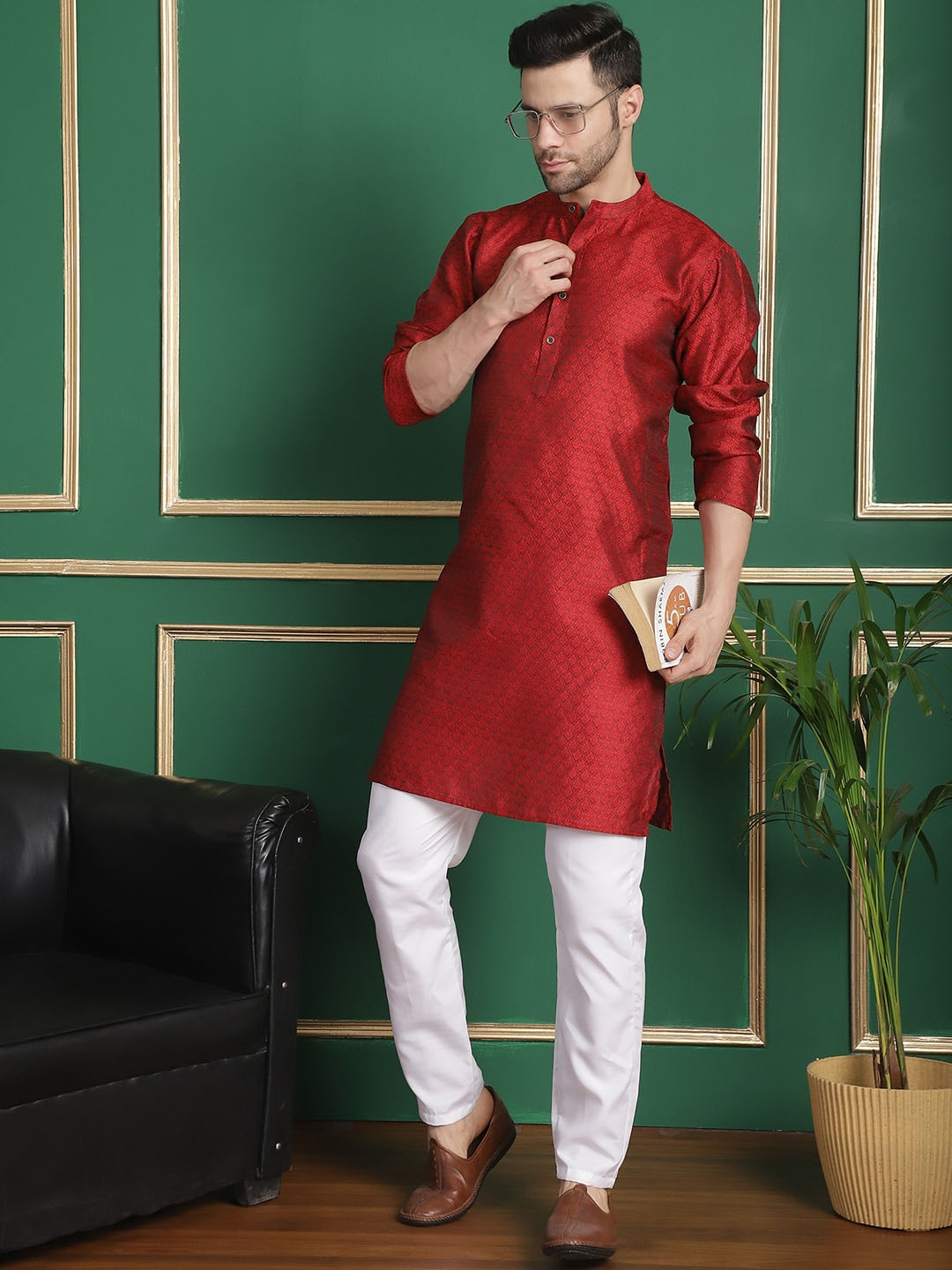 

Anouk Maroon Woven Designed Jacquard Weave Straight Kurta with Pyjamas