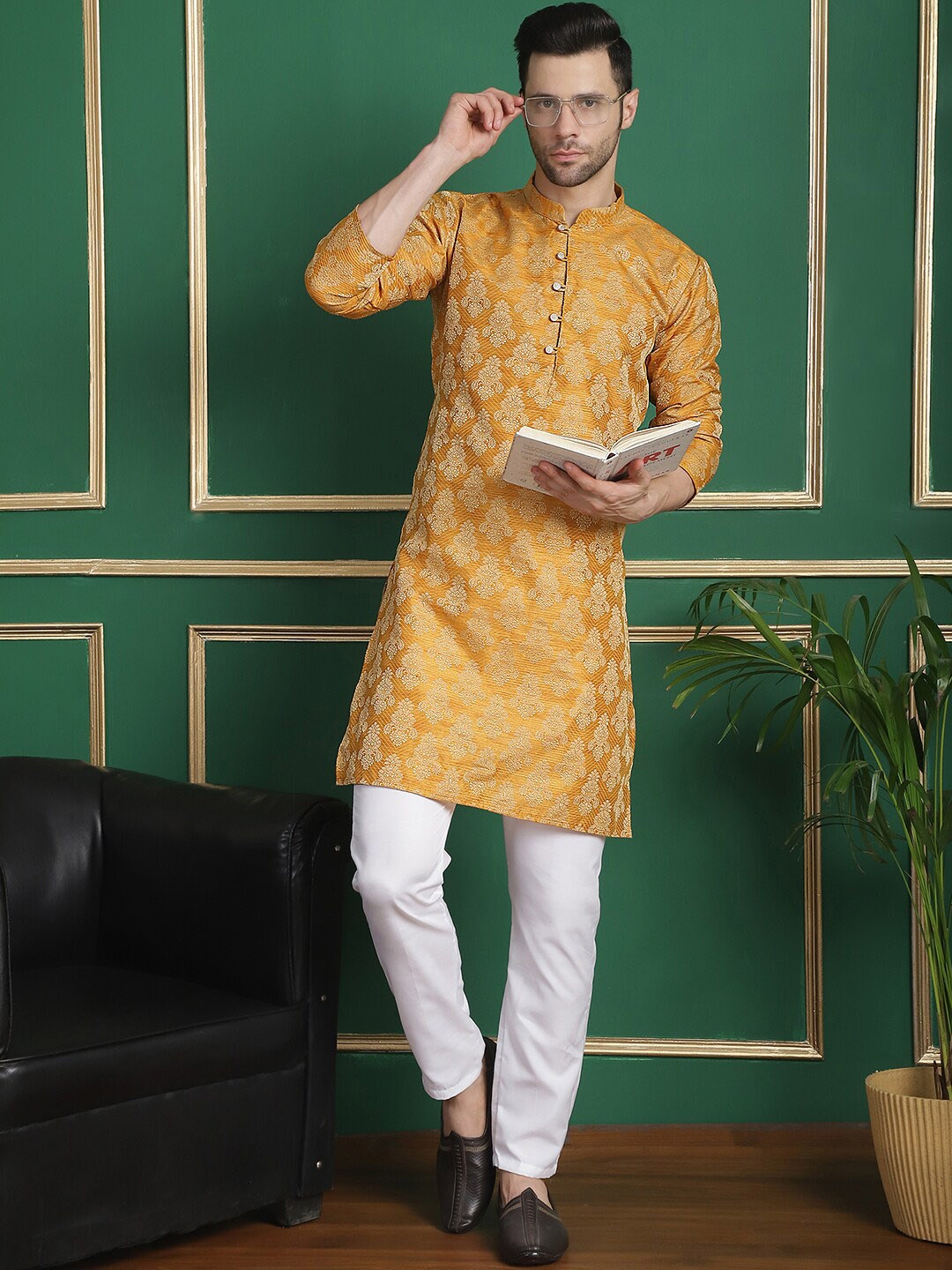 

Anouk Woven Design Mandarin Collar Long Sleeves Kurta with Pyjamas, Mustard