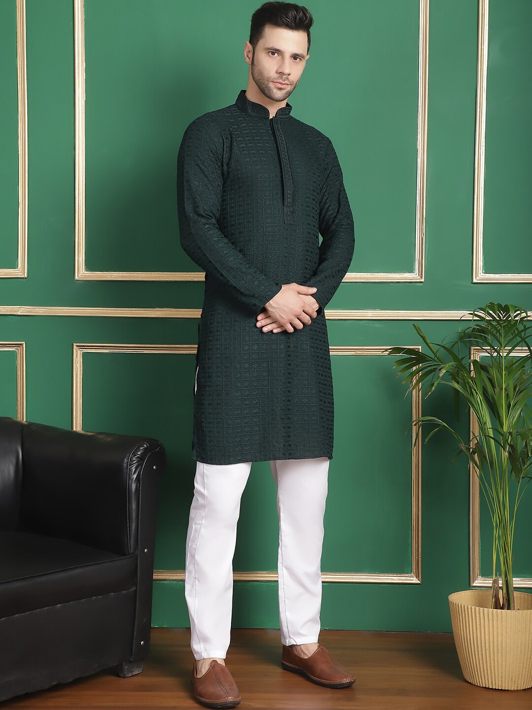 

Anouk Green Ethnic Motifs Embroidered Thread Work Straight Kurta with Pyjamas, Olive