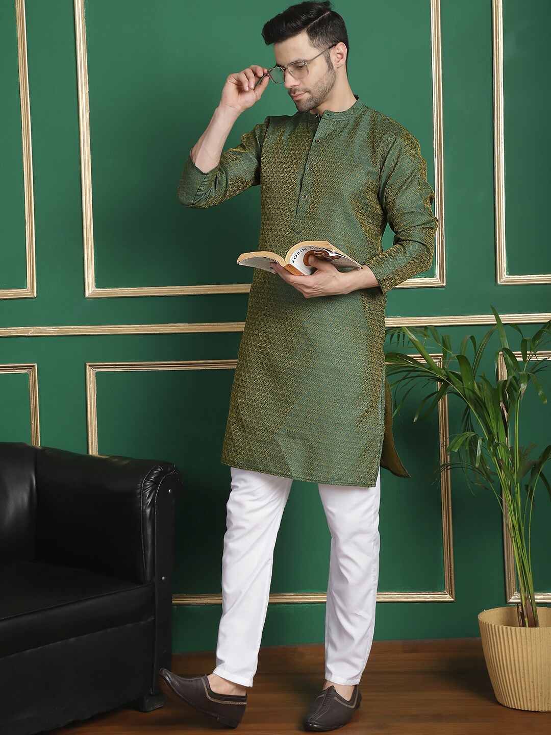 

Anouk Olive Ethnic Woven Design Straight Kurta with Pyjamas