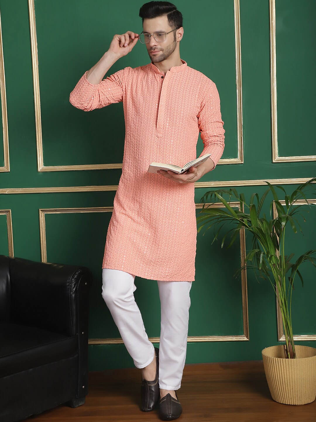 

Anouk Embroidered Regular Thread Work Kurta With Pyjamas, Peach