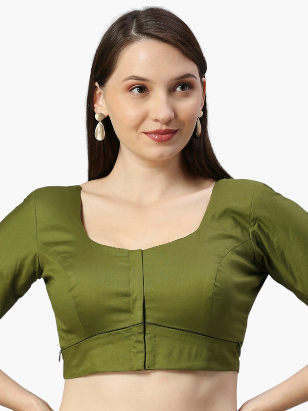 

DUMMY SHAPE Round Neck Saree Blouse, Olive