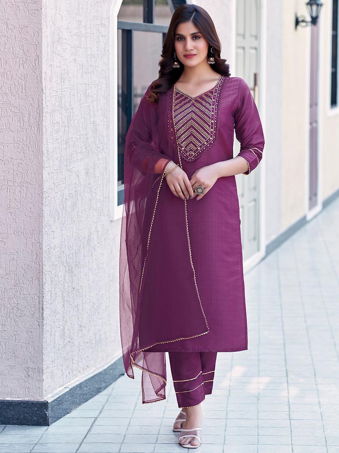 

KALINI Ethnic Motifs Yoke Design Sequinned Detailed Straight Kurta & Trouser With Dupatta, Purple