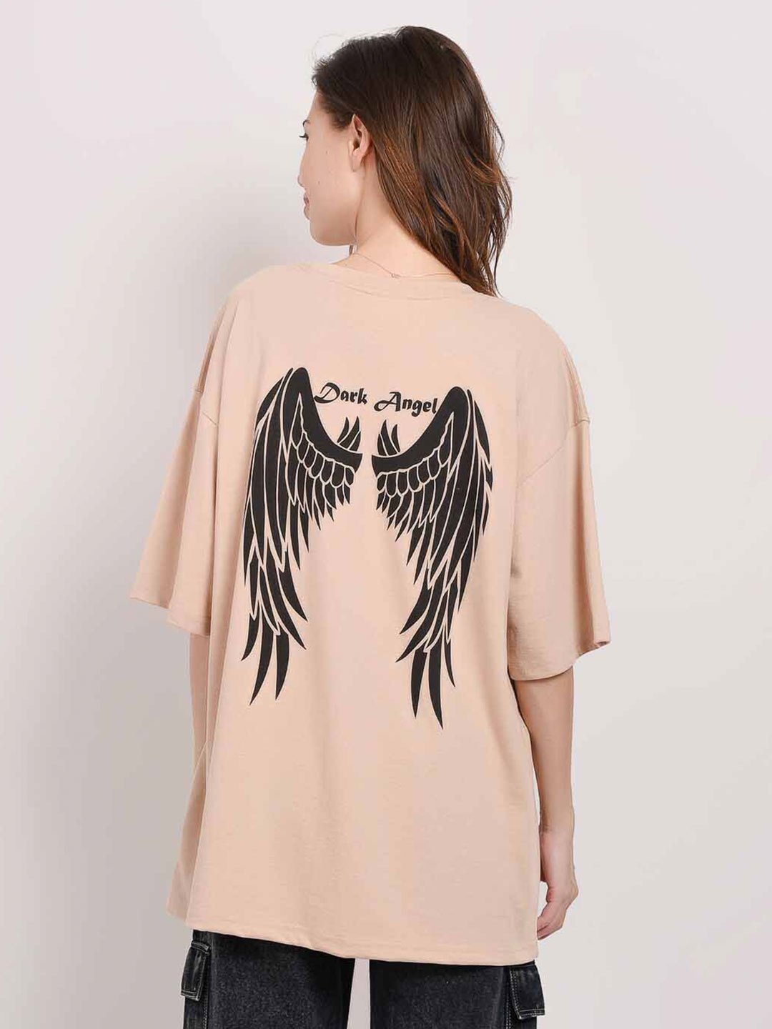 

ABSOLUTE DEFENSE Round Neck Graphic Printed Oversized T-shirt, Beige