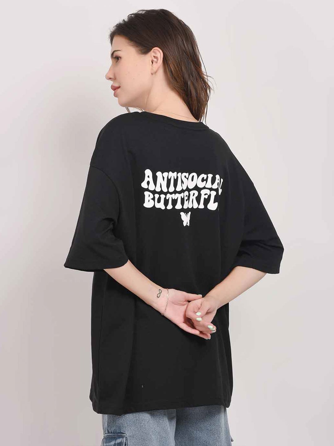 

ABSOLUTE DEFENSE Round Neck Typography Printed Oversized T-shirt, Black