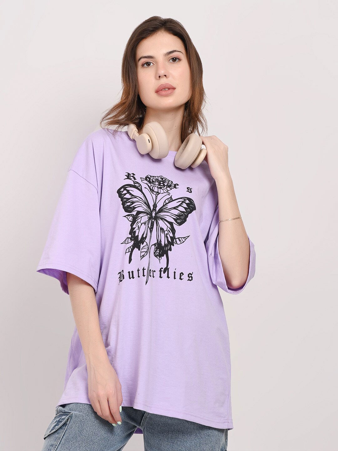 

ABSOLUTE DEFENSE Round Neck Graphic Printed Oversized T-shirt, Lavender