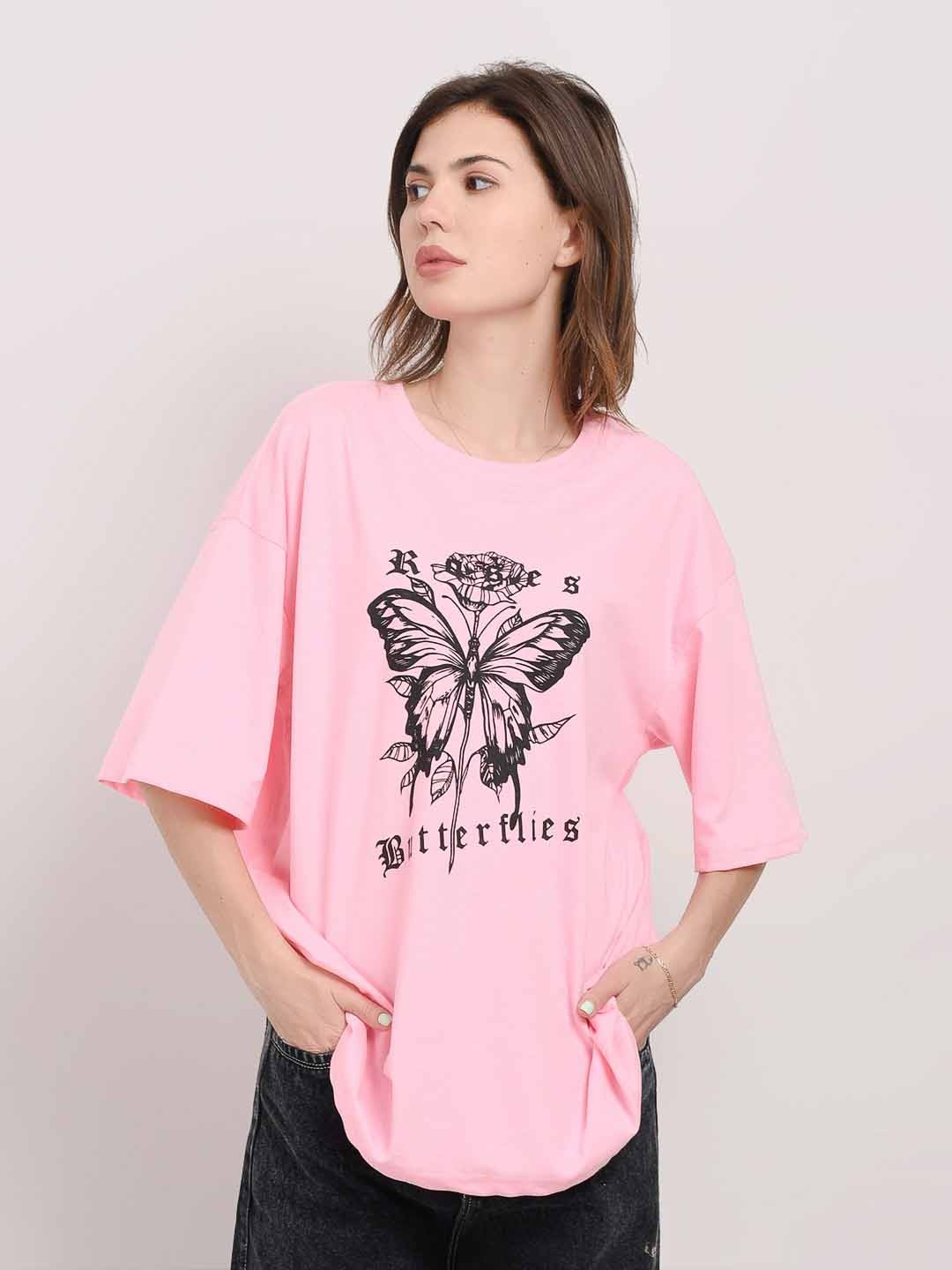 

ABSOLUTE DEFENSE Round Neck Graphic Printed Oversized T-shirt, Pink