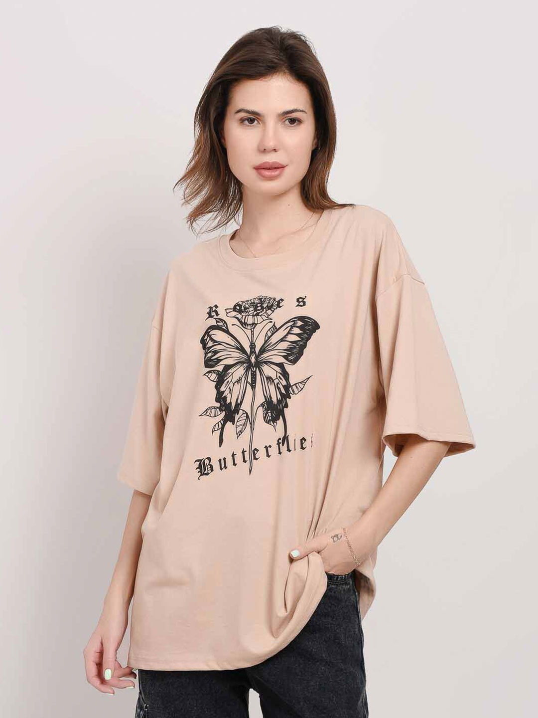 

ABSOLUTE DEFENSE Round Neck Graphic Printed Oversized T-shirt, Beige