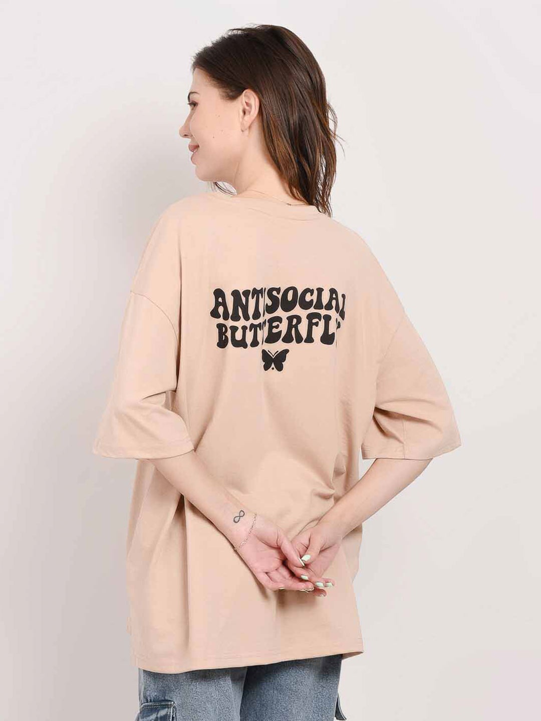 

ABSOLUTE DEFENSE Round Neck Typography Printed Oversized T-shirt, Beige