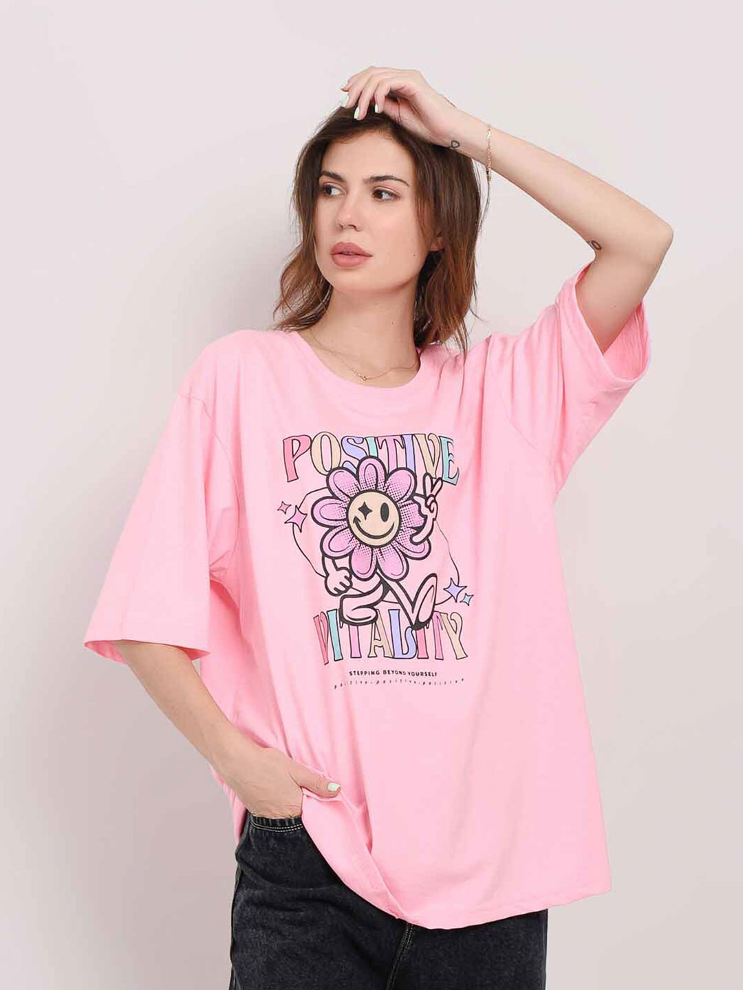 

ABSOLUTE DEFENSE Round Neck Typography Printed Oversized T-shirt, Pink