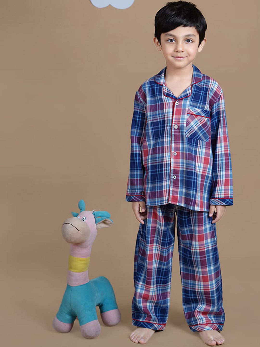 

Little Llama Boys Checked Lapel Collar Pure Cotton Night suit, Navy blue