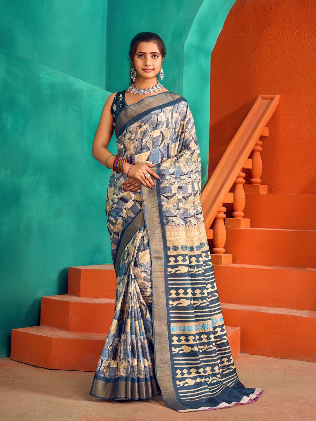 

KALINI Abstract Printed Zari Satin Mysore Silk Handloom Saree, Blue