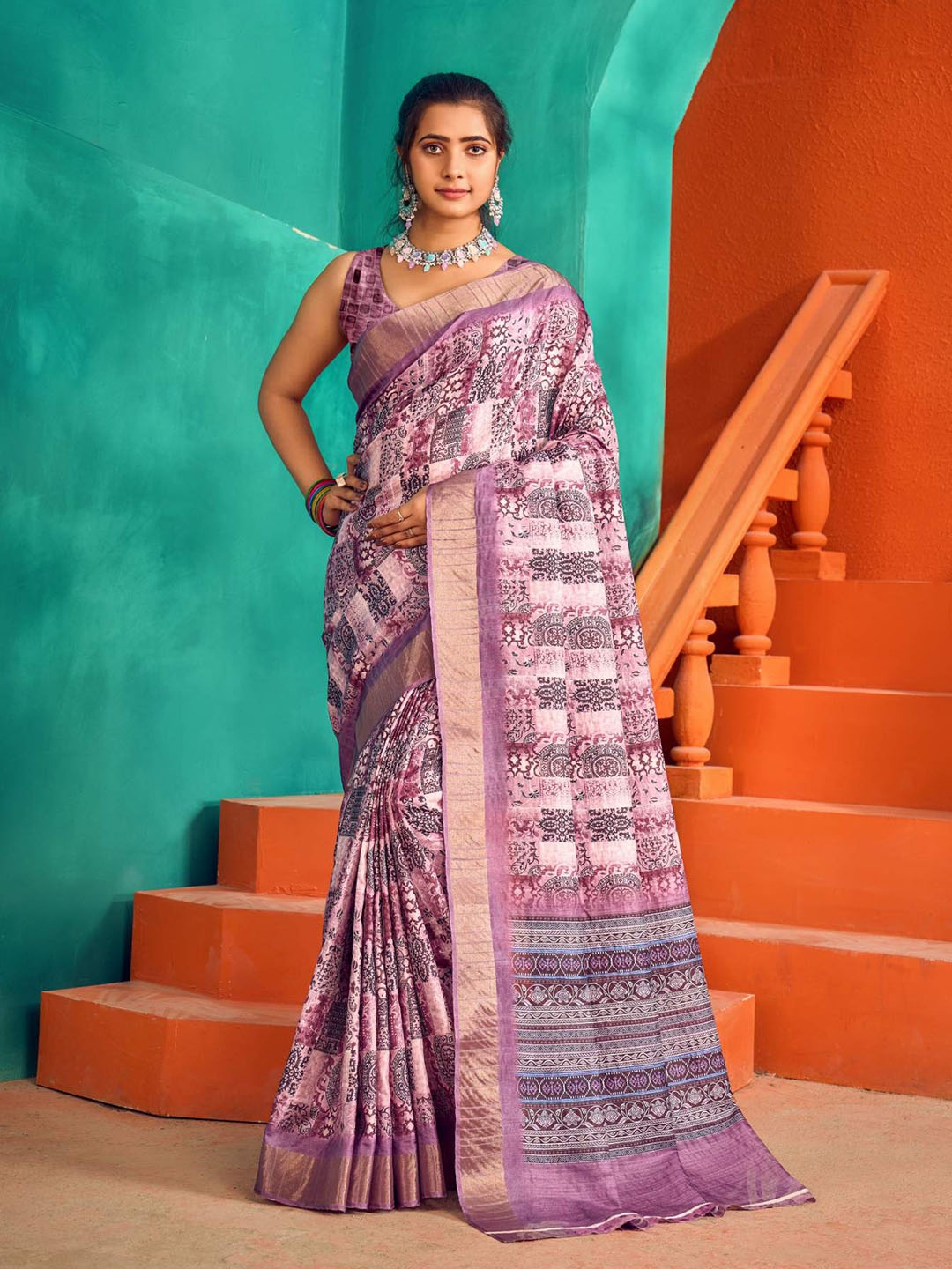 

KALINI Ethnic Motifs Printed Zari Satin Mysore Silk Handloom Saree, Pink