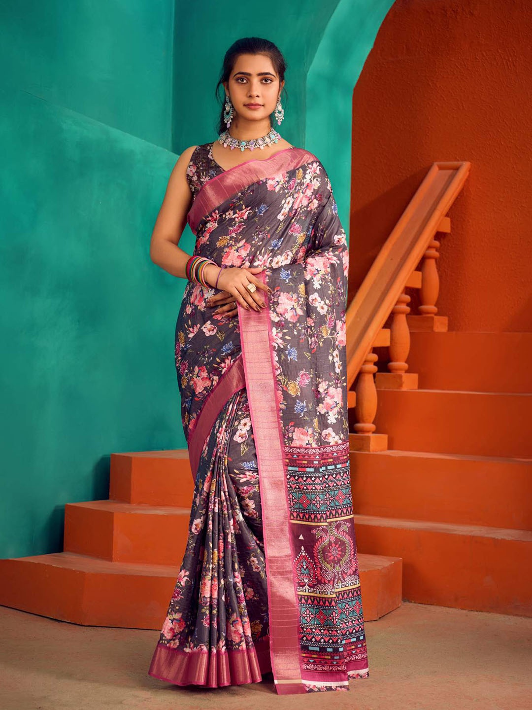 

KALINI Floral Printed Zari Satin Mysore Silk Handloom Saree, Brown
