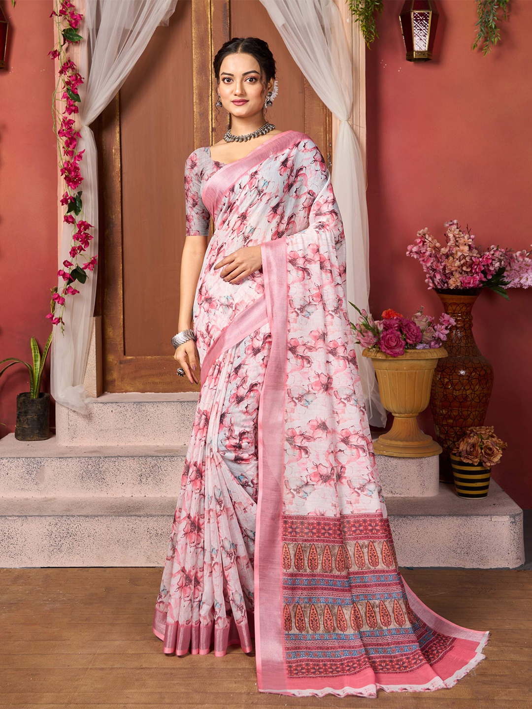 

KALINI Floral Printed Zari Mysore Silk Saree, Pink