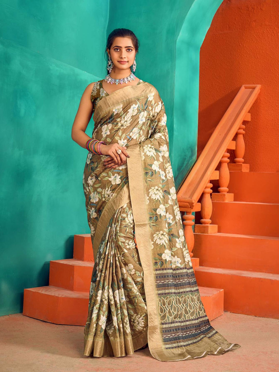 

KALINI Floral Printed Zari Satin Mysore Silk Saree, Green