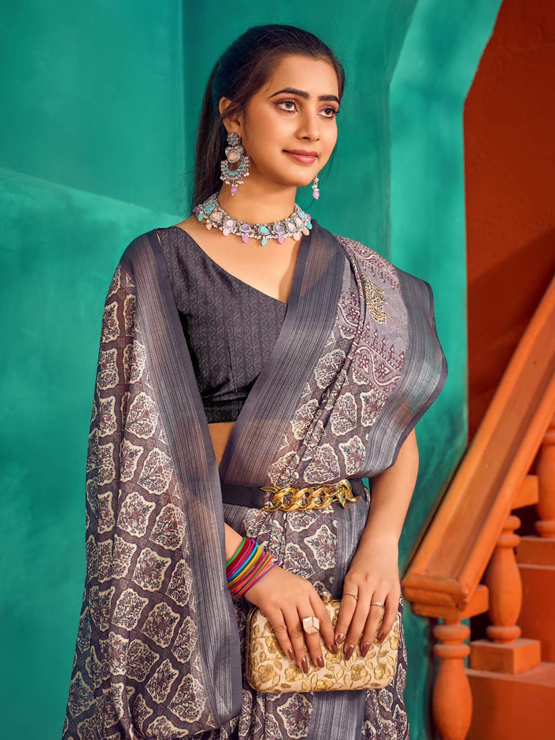 

KALINI Ethnic Motifs Printed Mysore Silk Saree, Brown