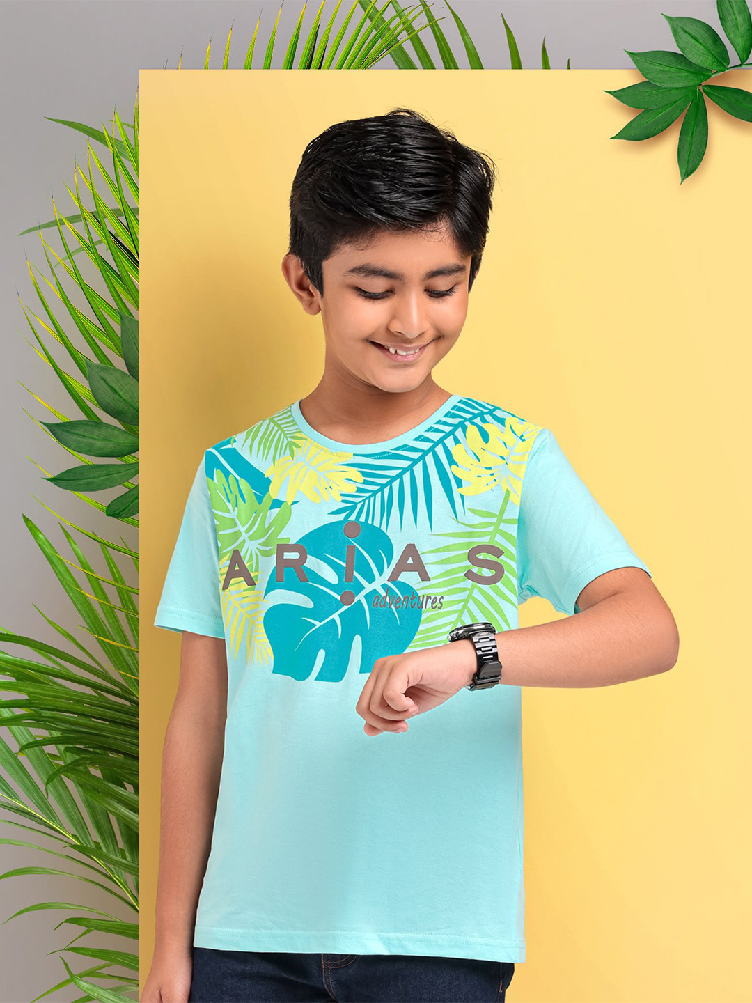 

ARIAS By LARA DUTTA Boys Graphic Printed Cotton T-shirt, Teal